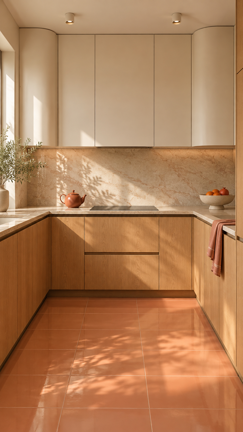 Cuisine sur mesure chaleureuse avec sol en terre cuite